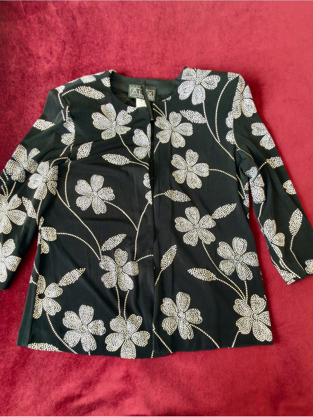 Alex Evenings Black Jacket with White Floral Embellishment Sz S